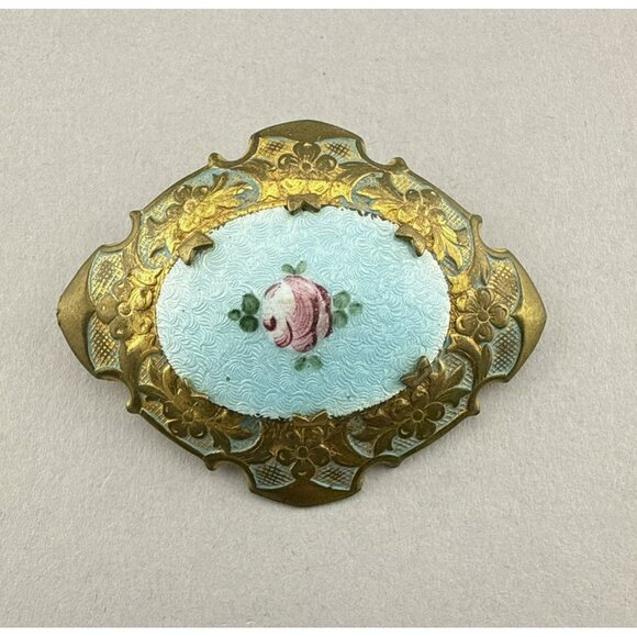 Vintage Guilloche Floral Brooch Enameled Blue Pink Rose Pin French Gold Tone 2" - Picture 1 of 11